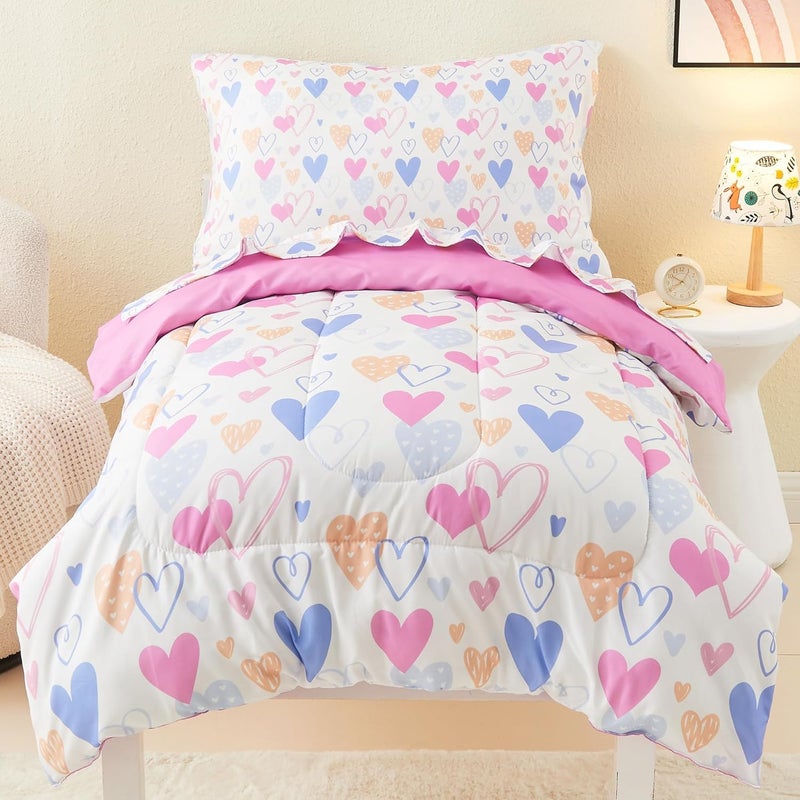 Mooreeke 4 Pieces Toddler Bedding Set - Soft Love Heart Toddler Comforter Sets for Girls, Includes Quilted Comforter, Flat Sheet, Fitted Sheet and Pillowcase, Bed in A Bag for Baby Bedroom - Image 1